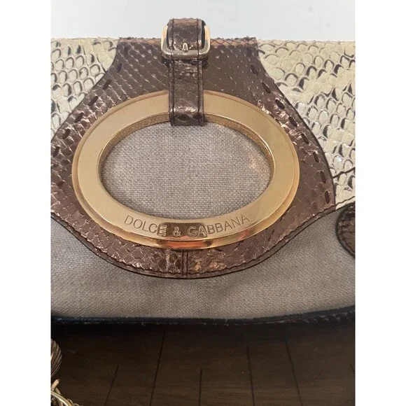 Dolce & Gabbana Y2K Brown Gold Leather & Jute Shoulder Bag Statement Charm Strap - Picture 2 of 16
